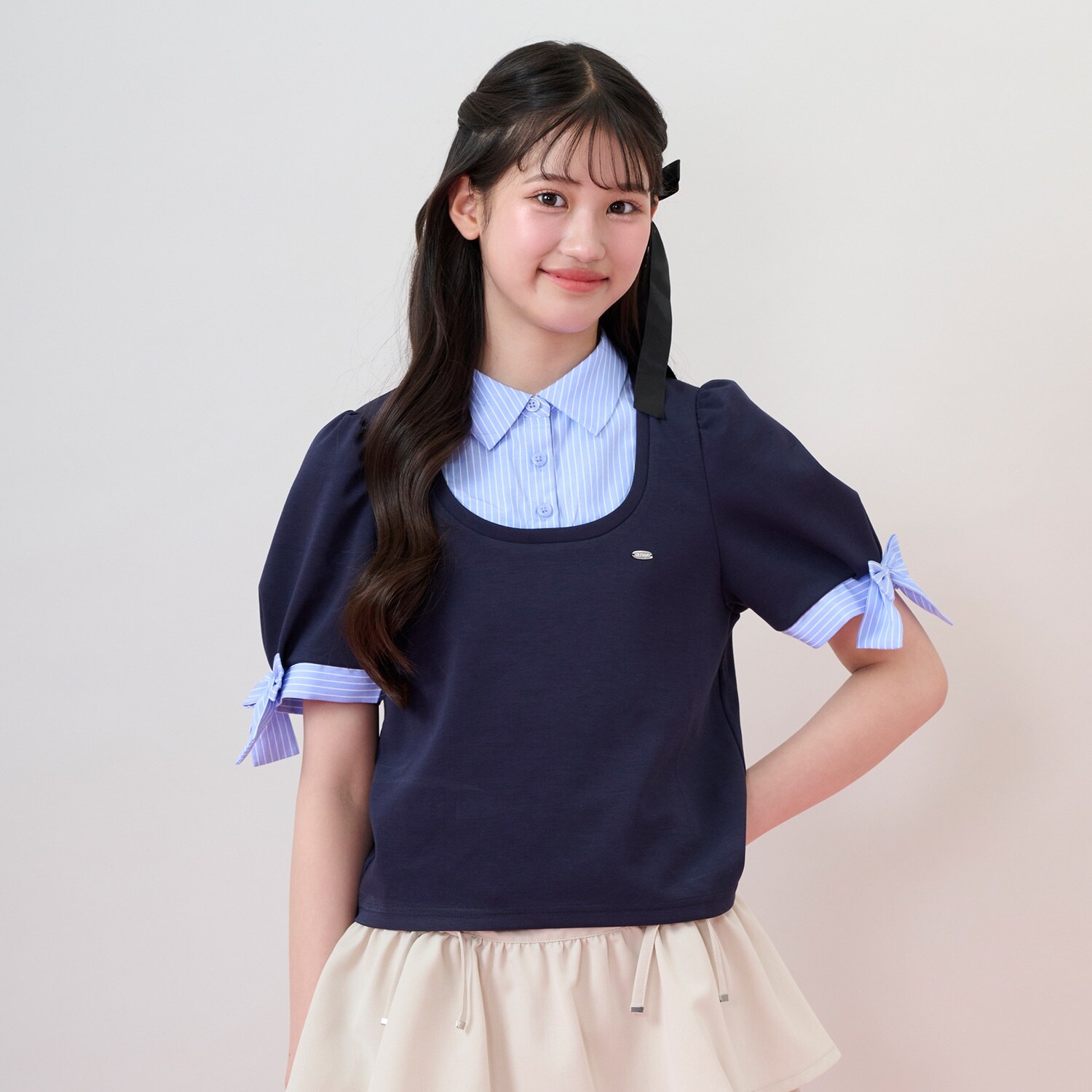 袖リボン布帛ドッキングTシャツ