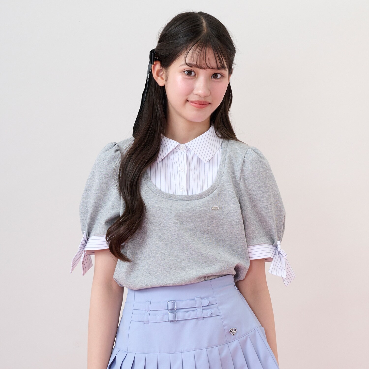 袖リボン布帛ドッキングTシャツ