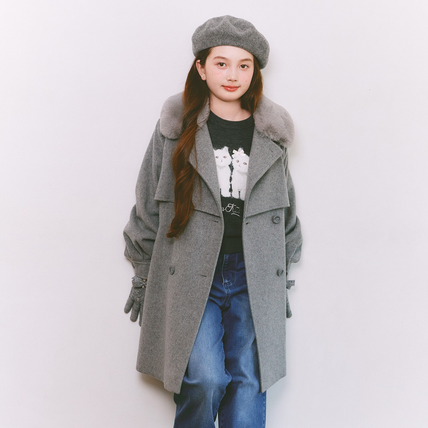 フェイクファー衿つきミドルコート