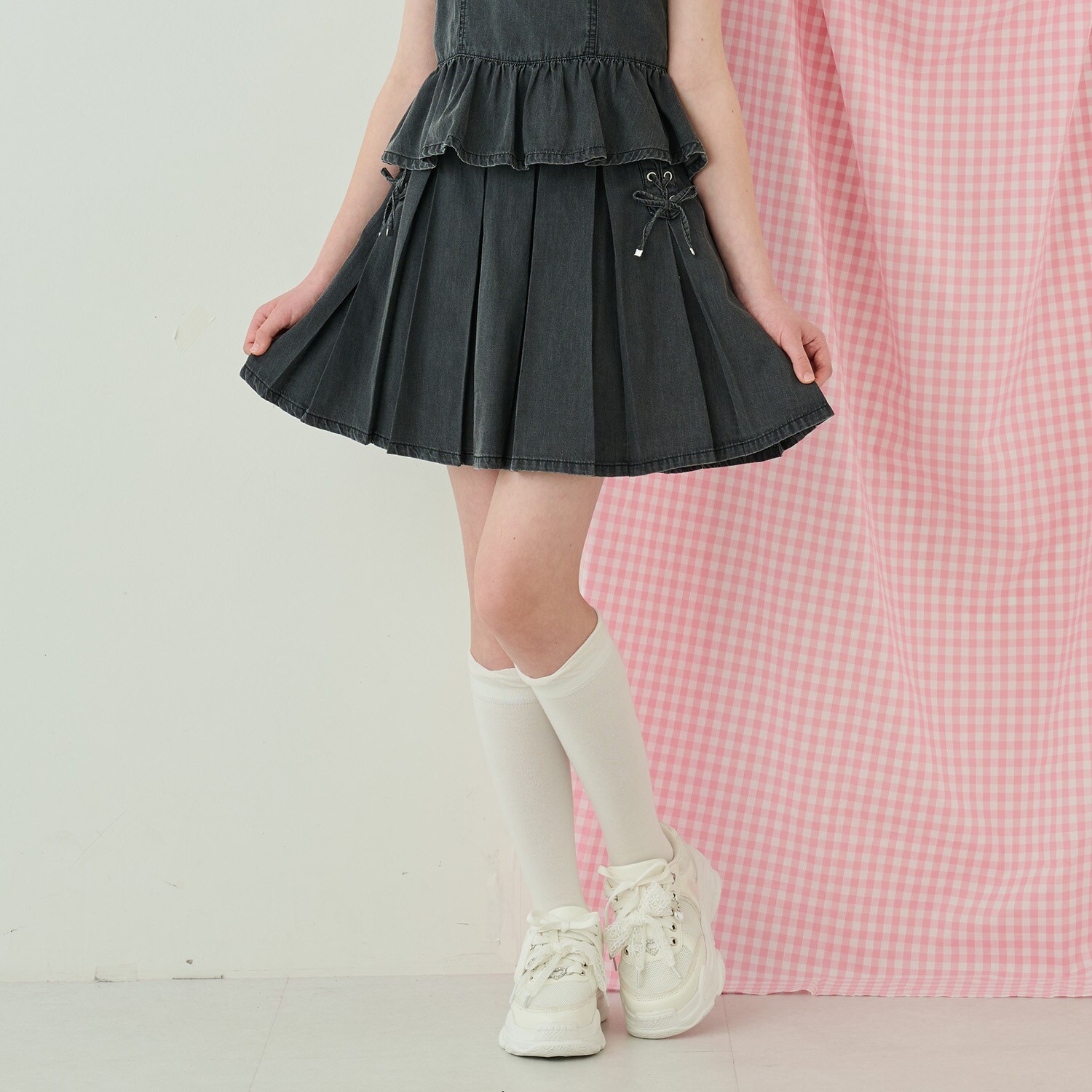 レースアップボックスプリーツスカパン