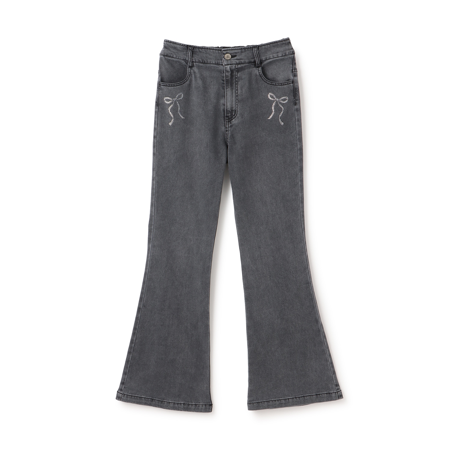 【接触冷感】ラインストーンリボン美脚フレアパンツ