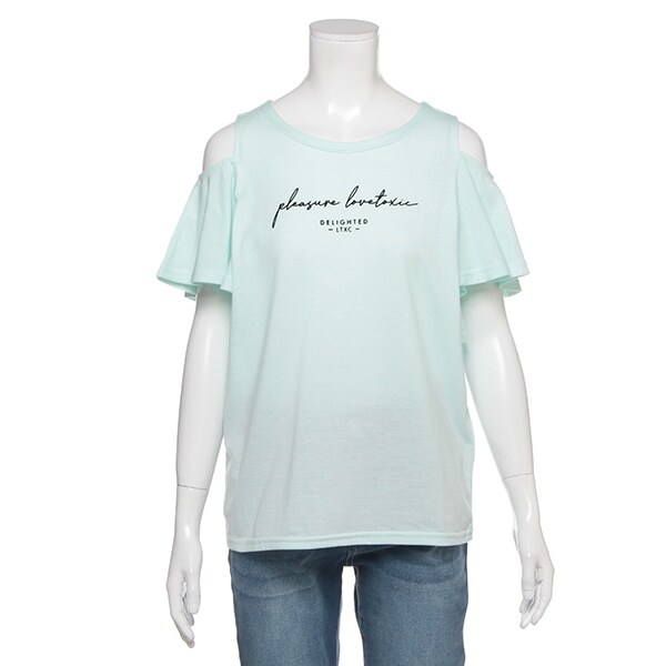 肩開きフリル袖Tシャツ
