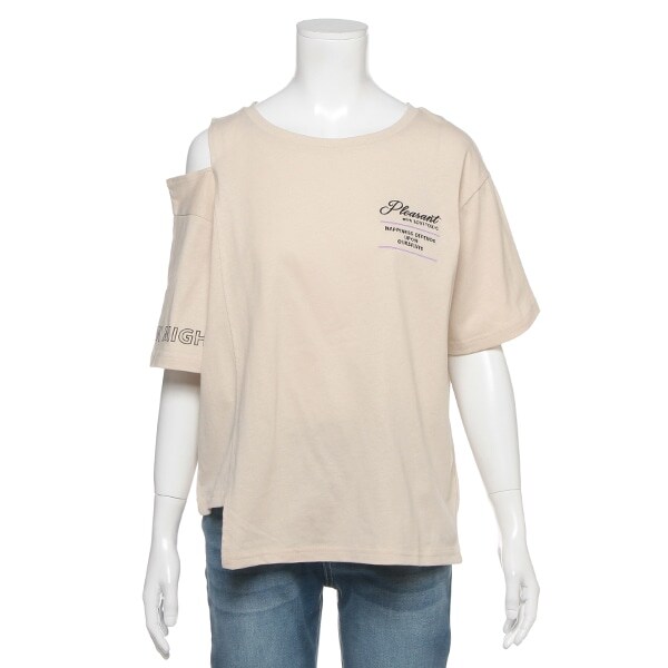 アシメ肩開きロゴプリントTシャツ