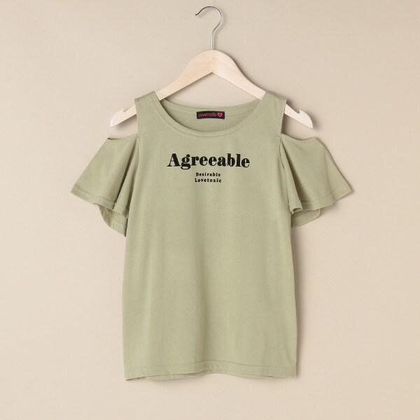 フリル肩開きロゴTシャツ