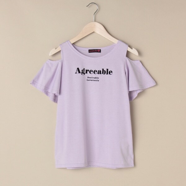 フリル肩開きロゴTシャツ