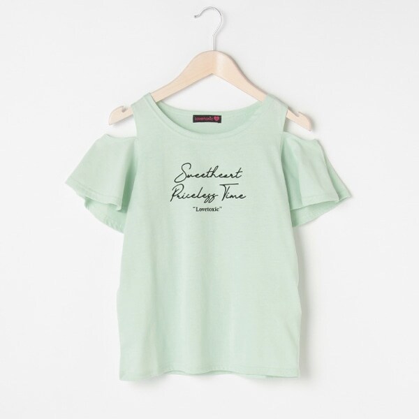 フレア袖肩開きロゴTシャツ