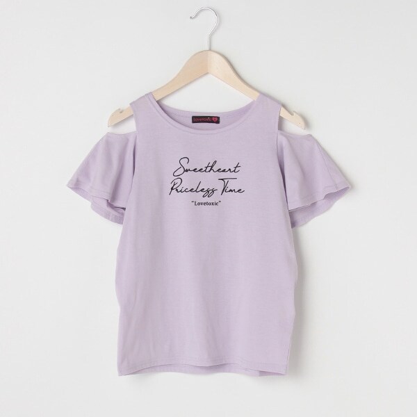 フレア袖肩開きロゴTシャツ