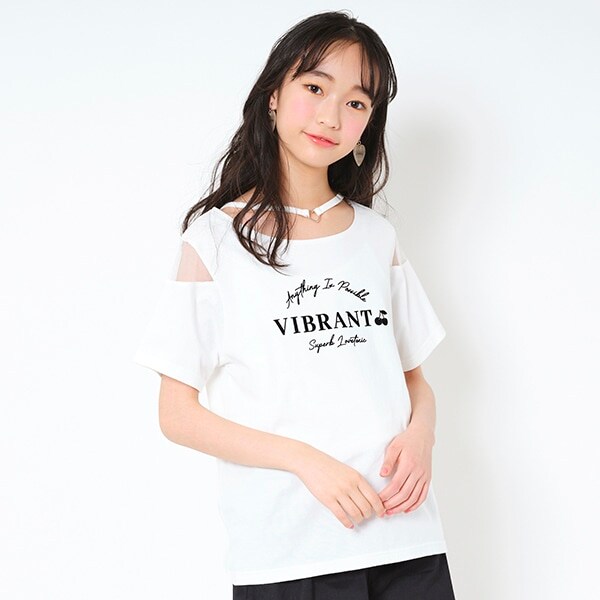ハートチョーカー風肩チュールTシャツ
