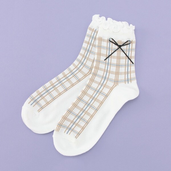 チェック柄リボンクルーソックス