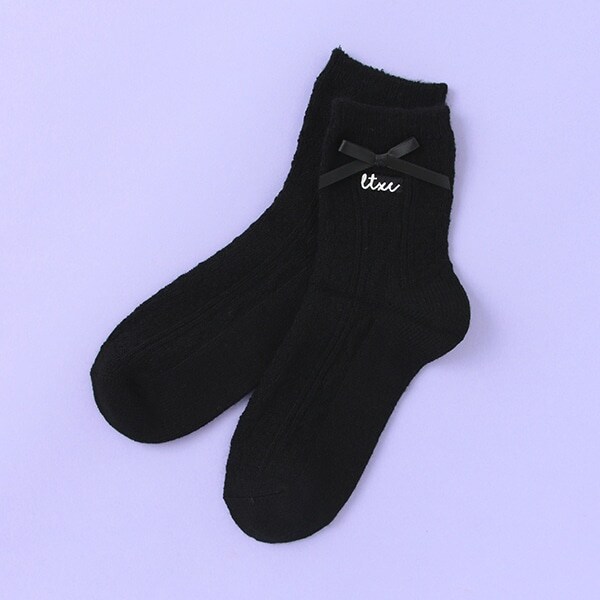 ケーブル編みリボンクルーソックス