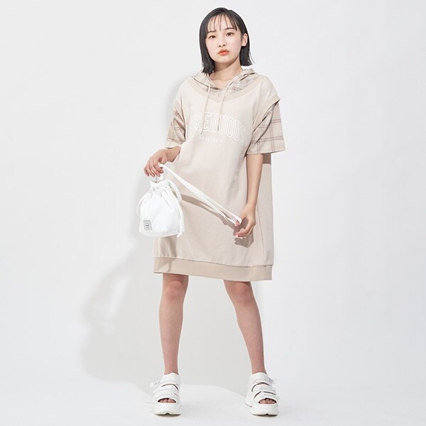 半袖チェックレイヤードワンピース