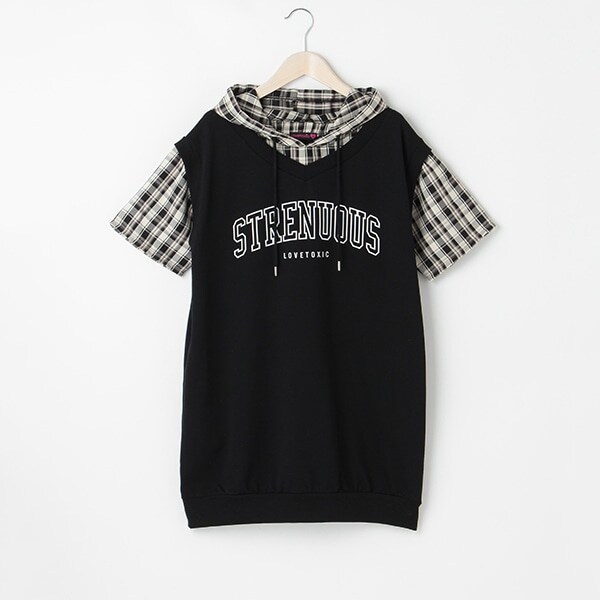 半袖チェックレイヤードワンピース