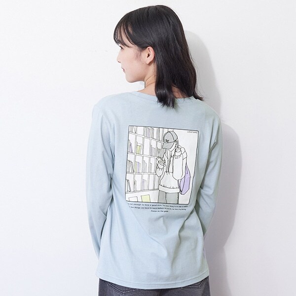 【コットン100%】バックガールイラスト長袖Tシャツ