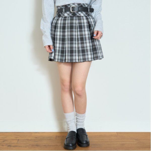 【GOODPRICE】ベルト付チェックプリーツスカ-ト