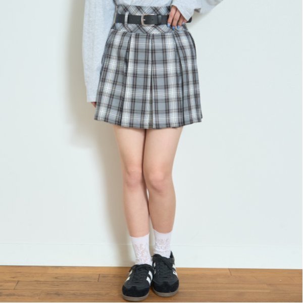 【GOODPRICE】ベルト付チェックプリーツスカ-ト