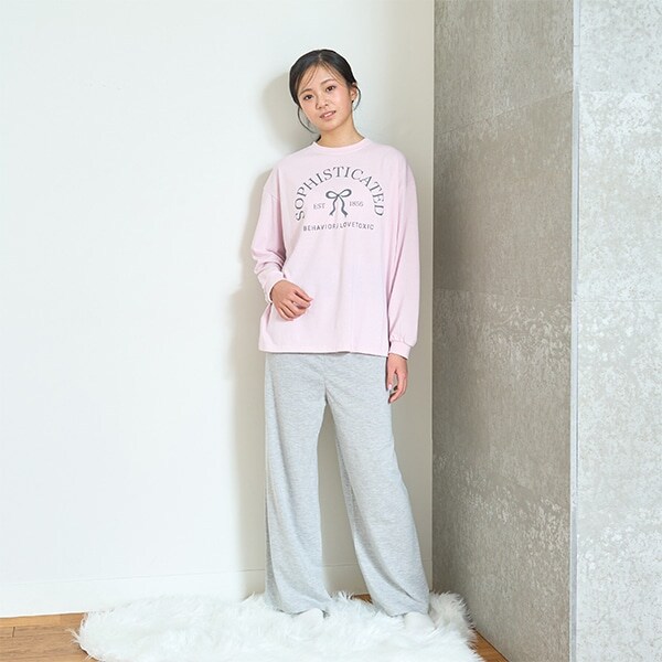 【ルームウェア/パジャマ】ハート柄やわらかニットシャツ＆パンツセット