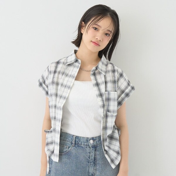 【綿100％】チェックノースリーブドロストシャツ