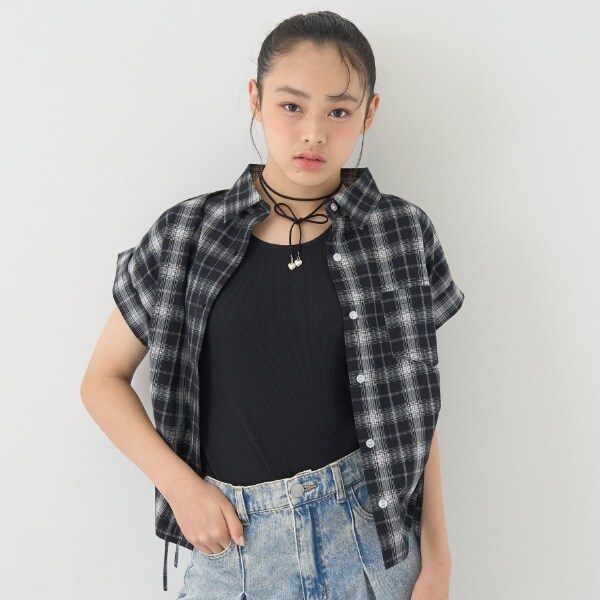 【綿100％】チェックノースリーブドロストシャツ