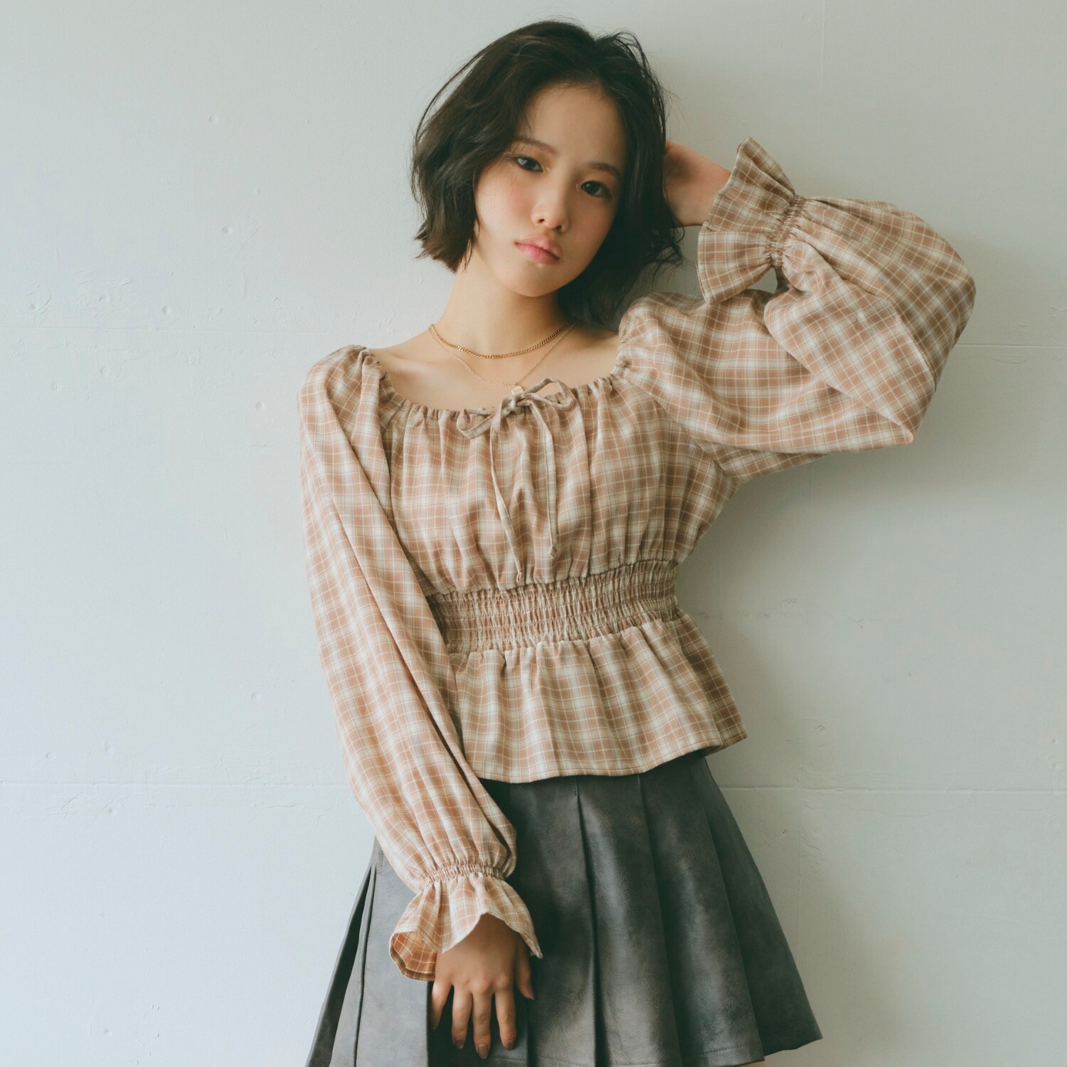 チェックオフショルブラウス