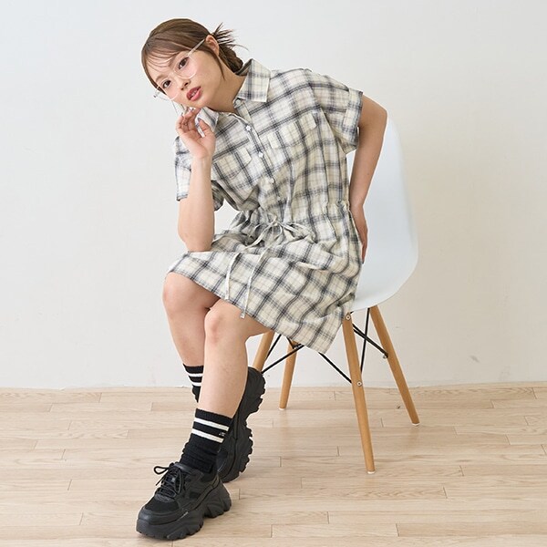 【綿100％】チェックフレンチスリーブシャツワンピ