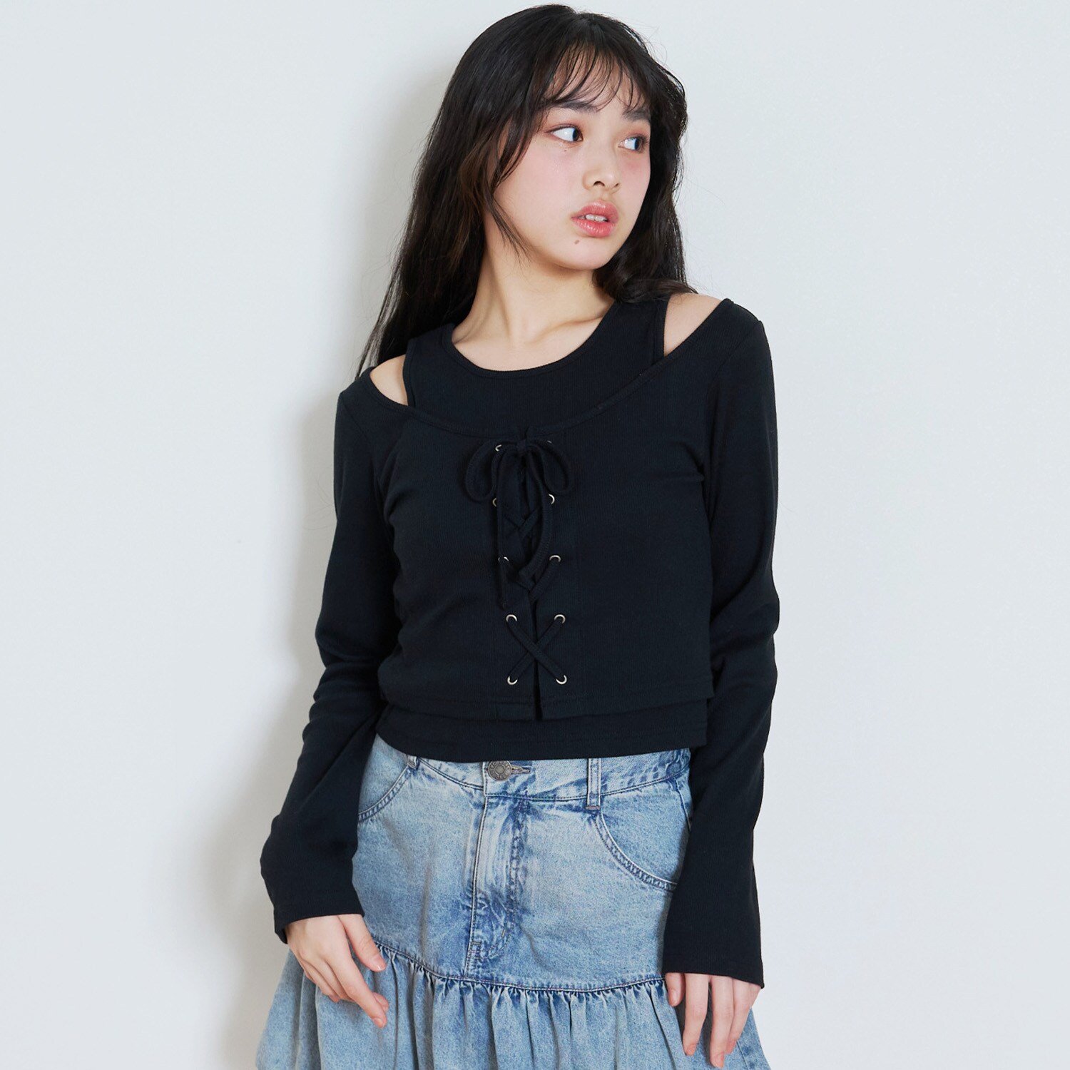 レースアップテレコ長袖シャツ