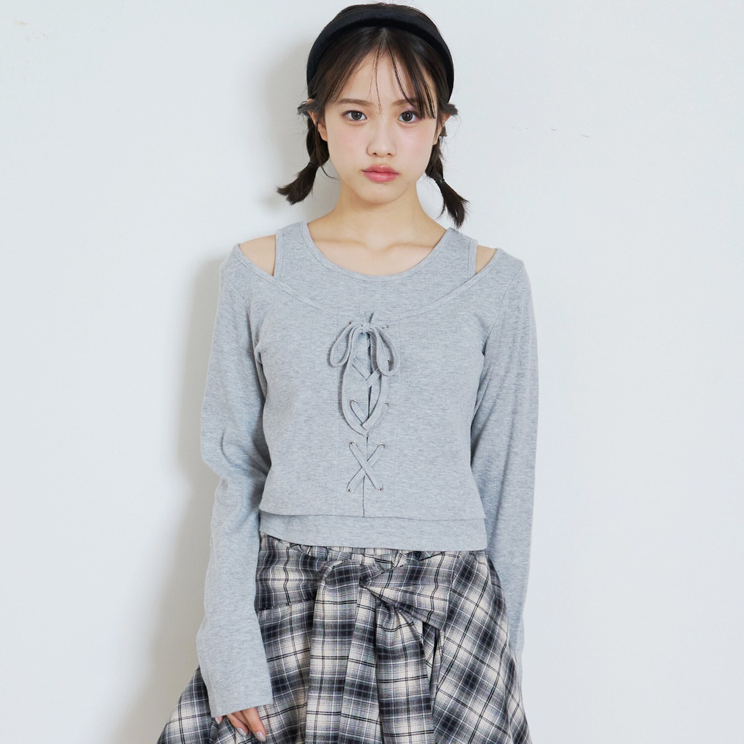 レースアップテレコ長袖シャツ