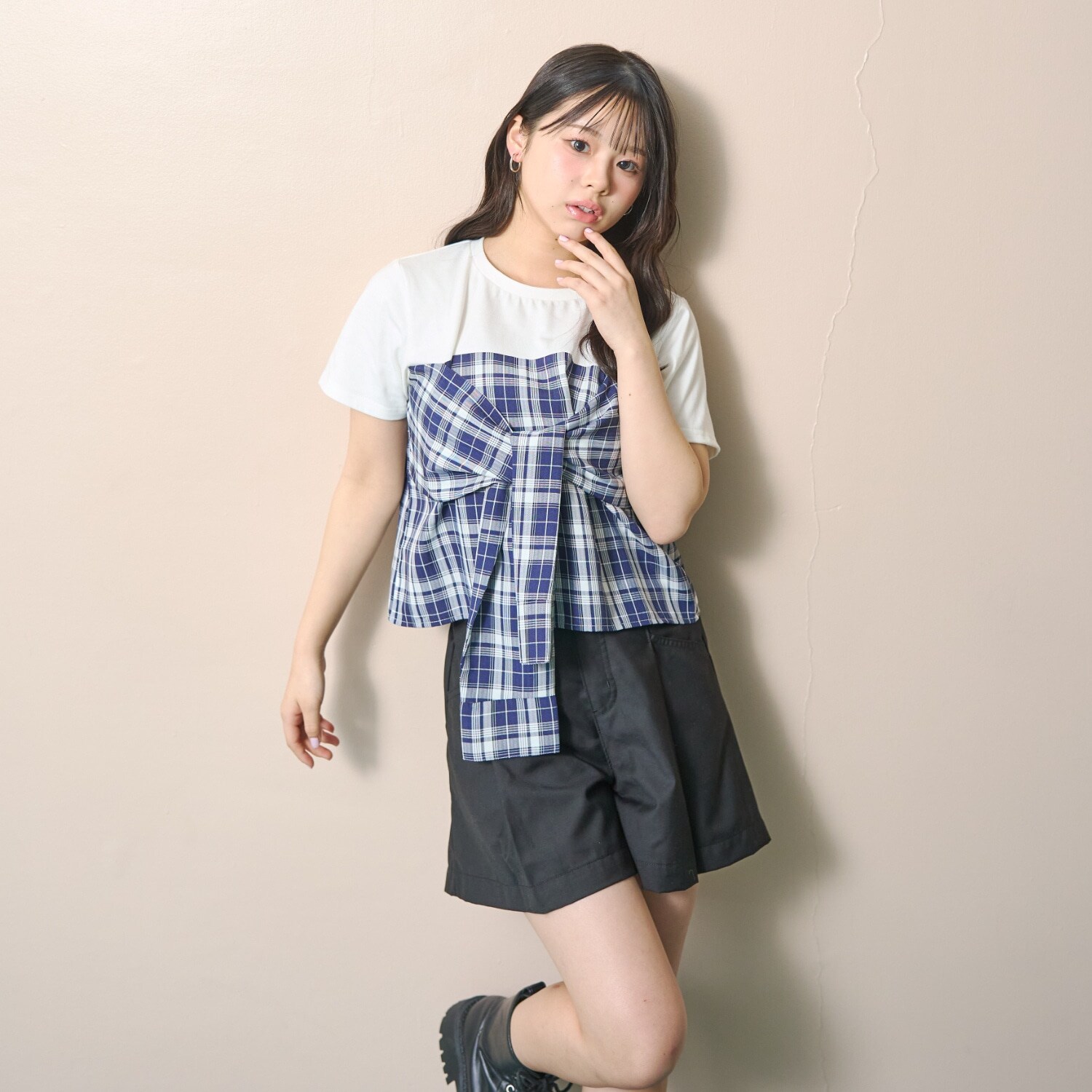 サマ見えベアスリーブチェックドッキング半袖T