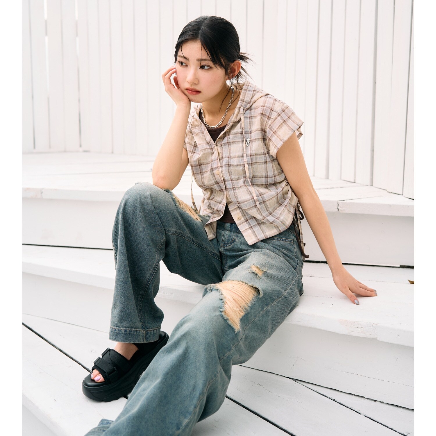 【UV】ドロストチェック半袖シャツパーカー