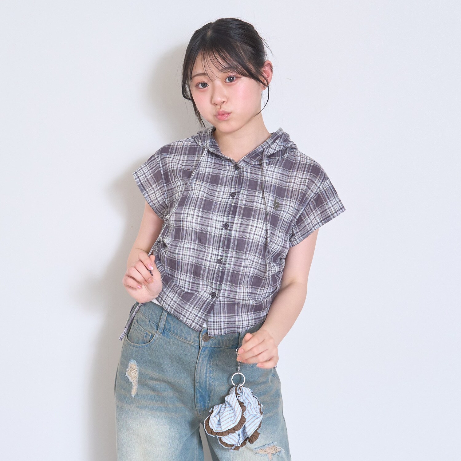 【UV】ドロストチェック半袖シャツパーカー