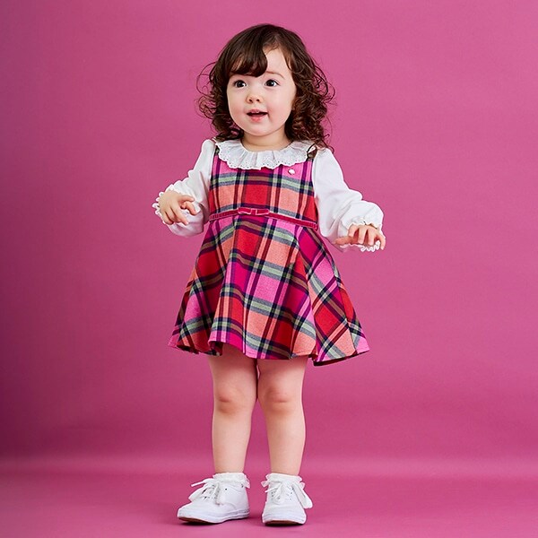 レースカラーカットソー&チェックジャンパースカートセット