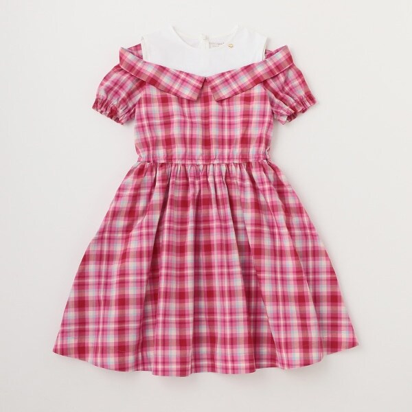 ガールズ ガーデンプレイドオフショルダーワンピース