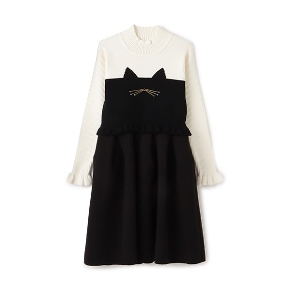 ガールズ キャットニットドッキングワンピース