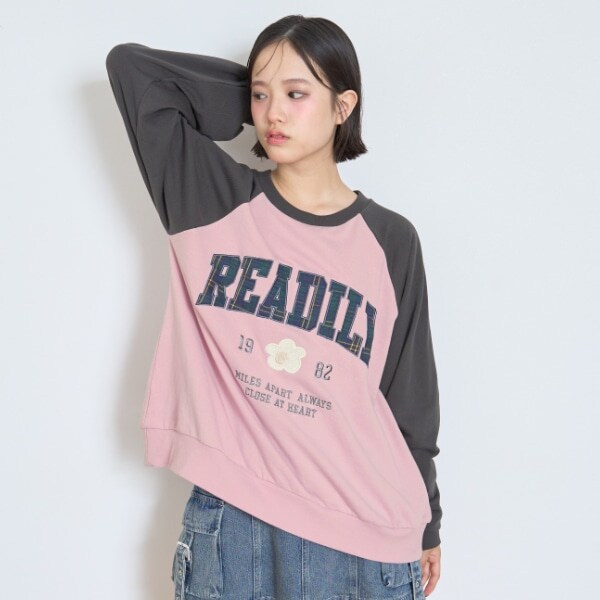 【7days】ラグランチェックロゴトレーナー