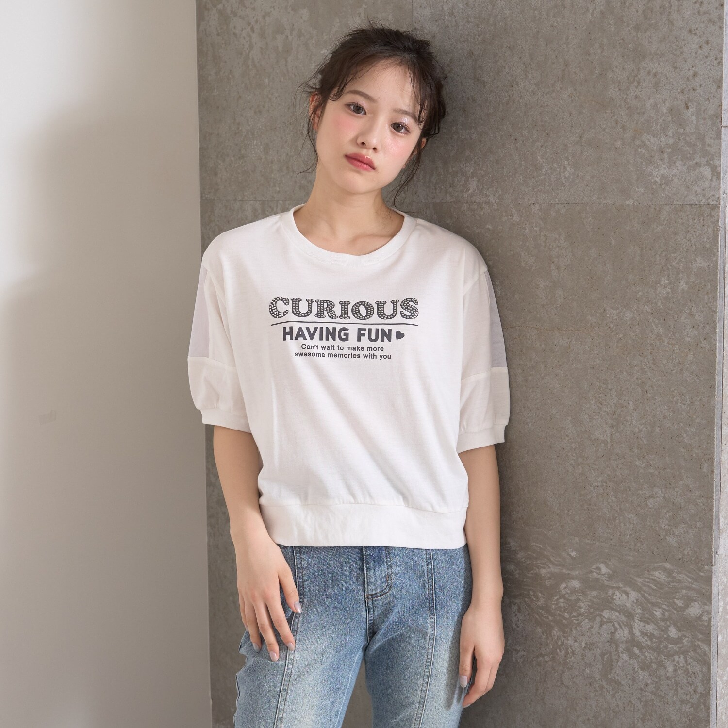 【7days】袖シアーガーリー5分袖Tシャツ