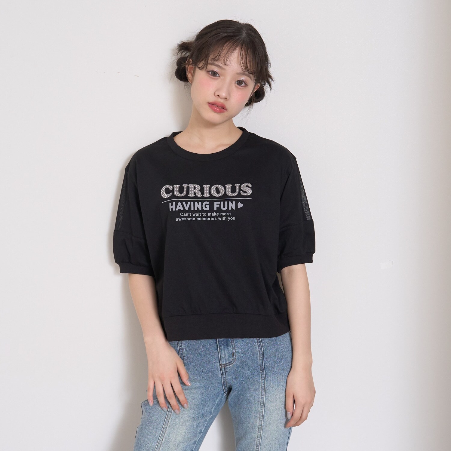 【7days】袖シアーガーリー5分袖Tシャツ