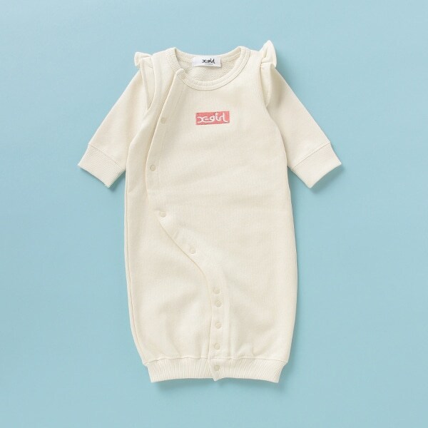 裏毛 はっ水・防汚 ボックスロゴ刺しゅう肩フリルカバーオール