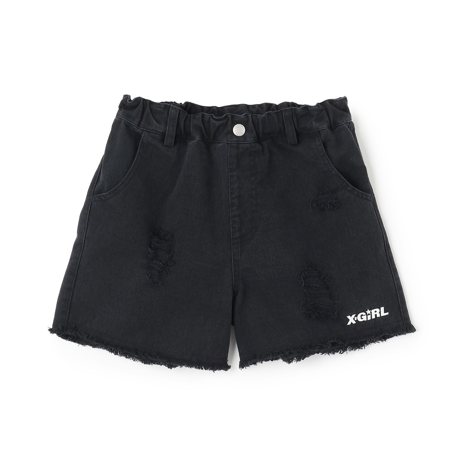 豹柄レイヤードクラッシュ加工デニムショートパンツ