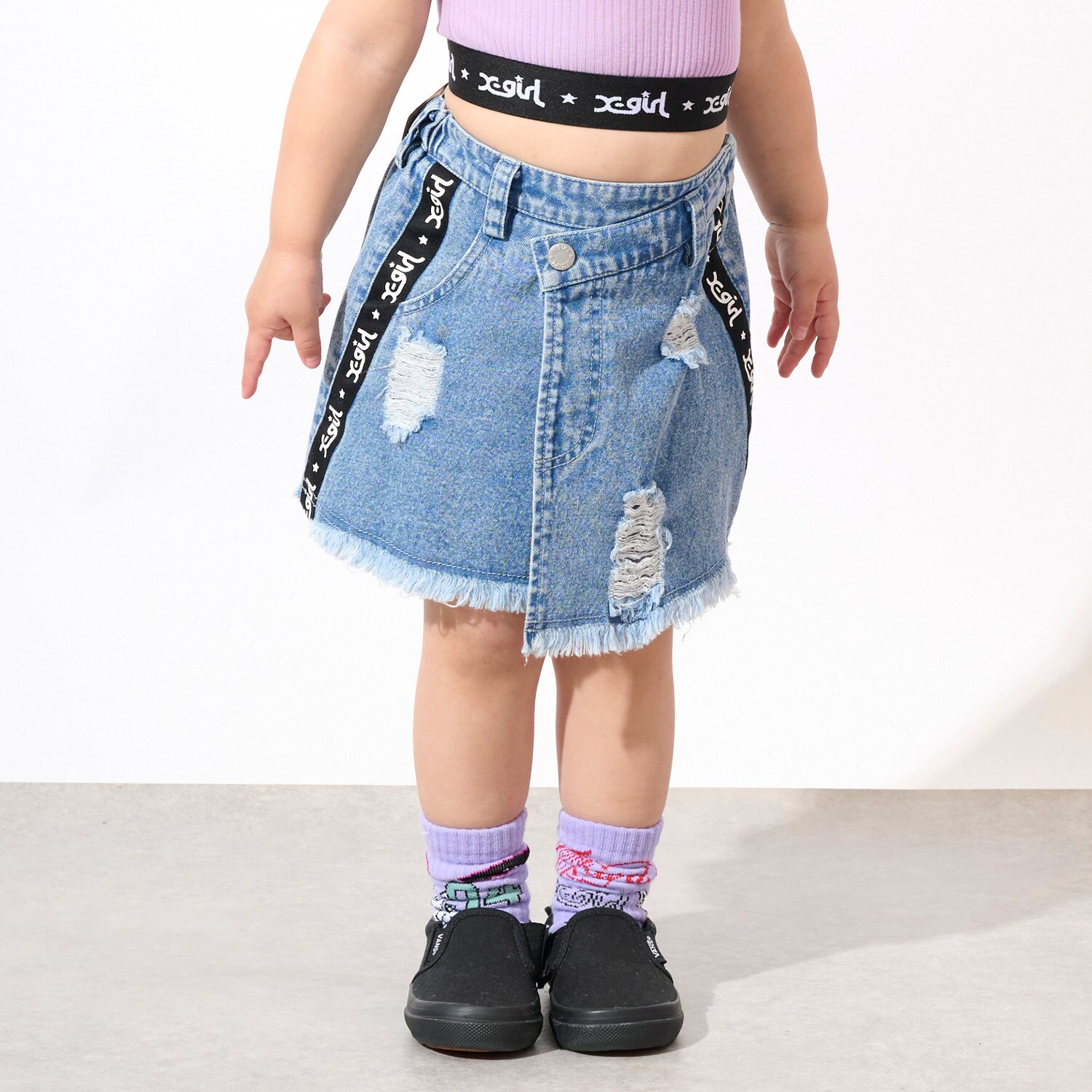 サイドロゴテープ  クラッシュ加工デニムスカート