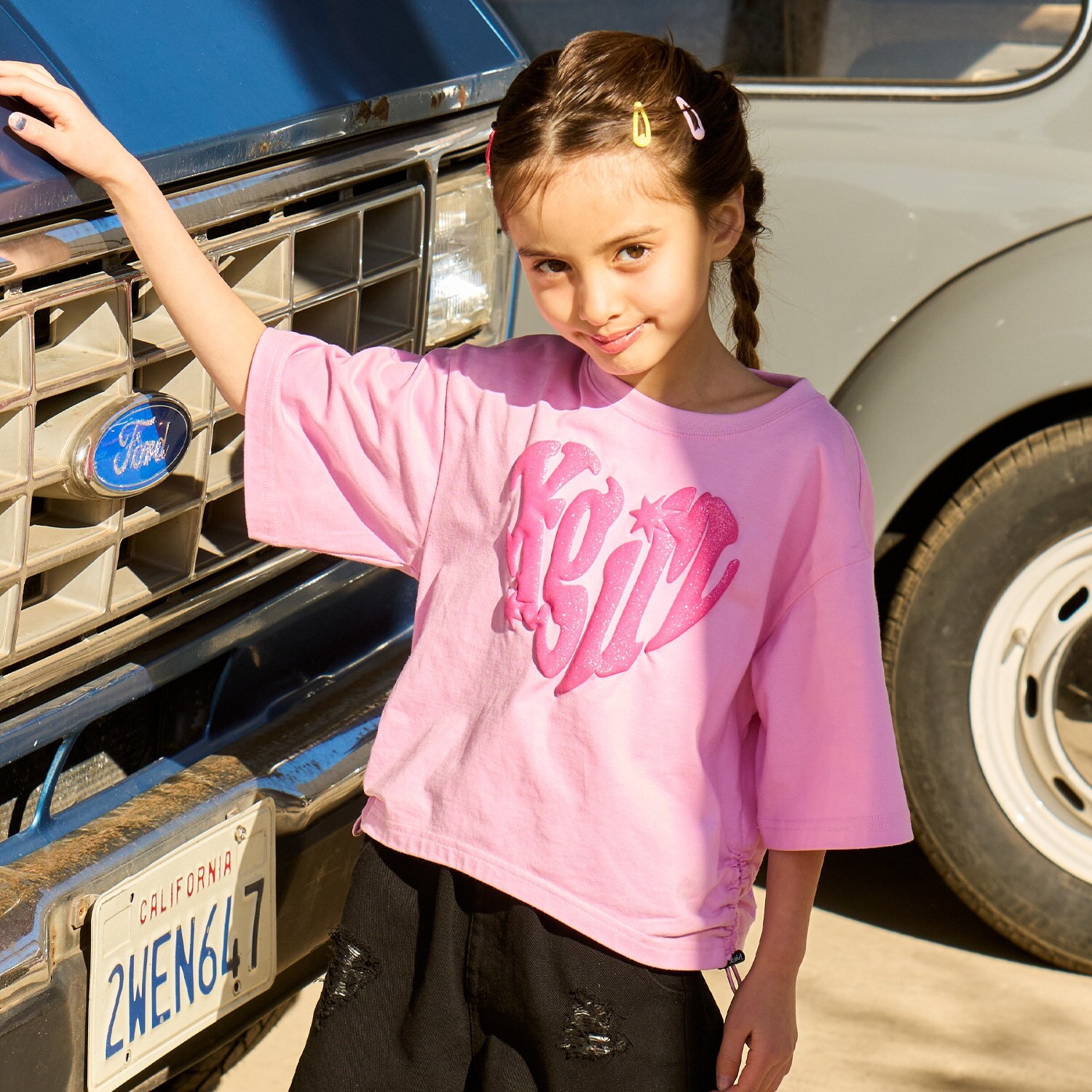 【接触冷感】発泡ハートロゴプリント シャーリング半袖Tシャツ