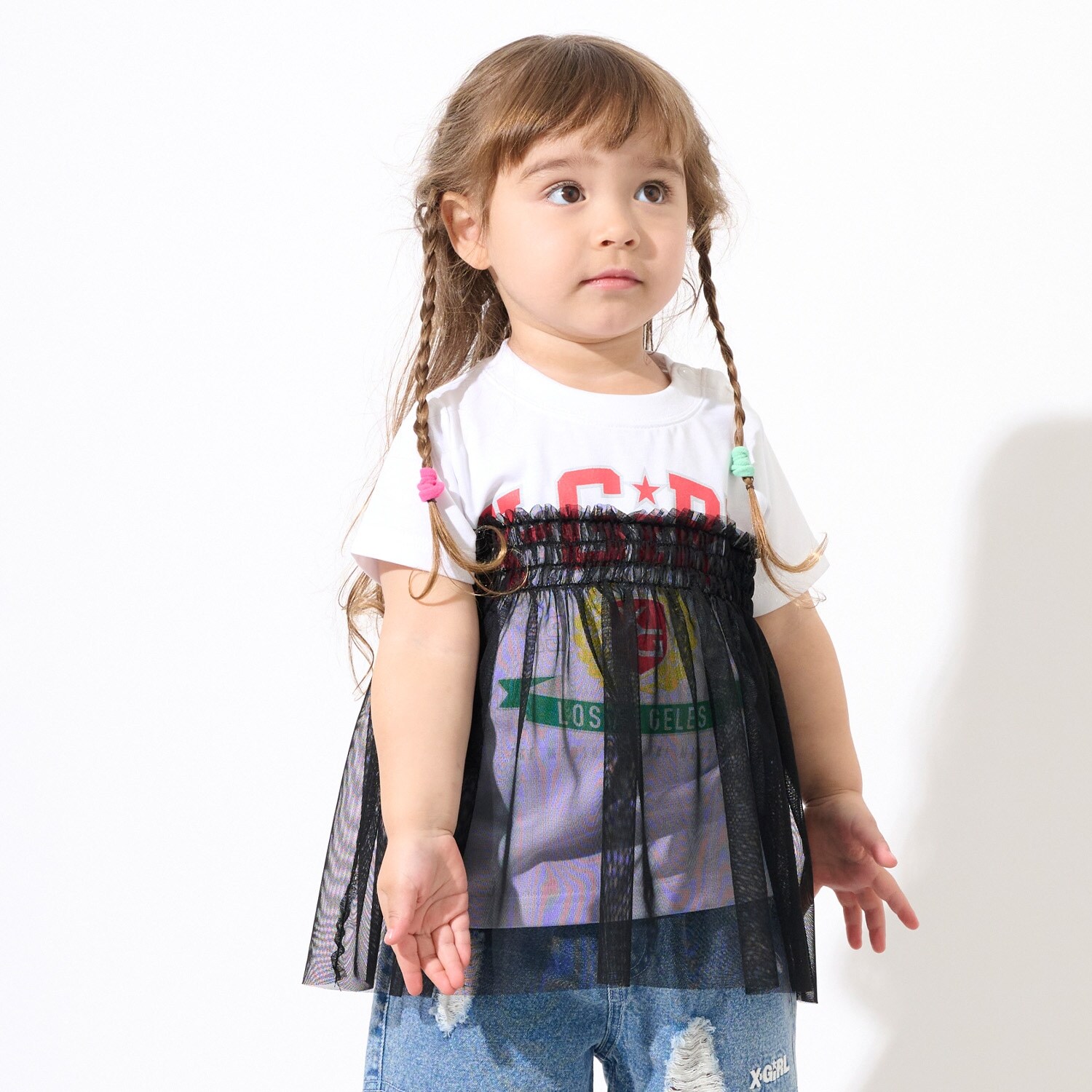 エンブレムロゴ チュールドッキング半袖Tシャツ