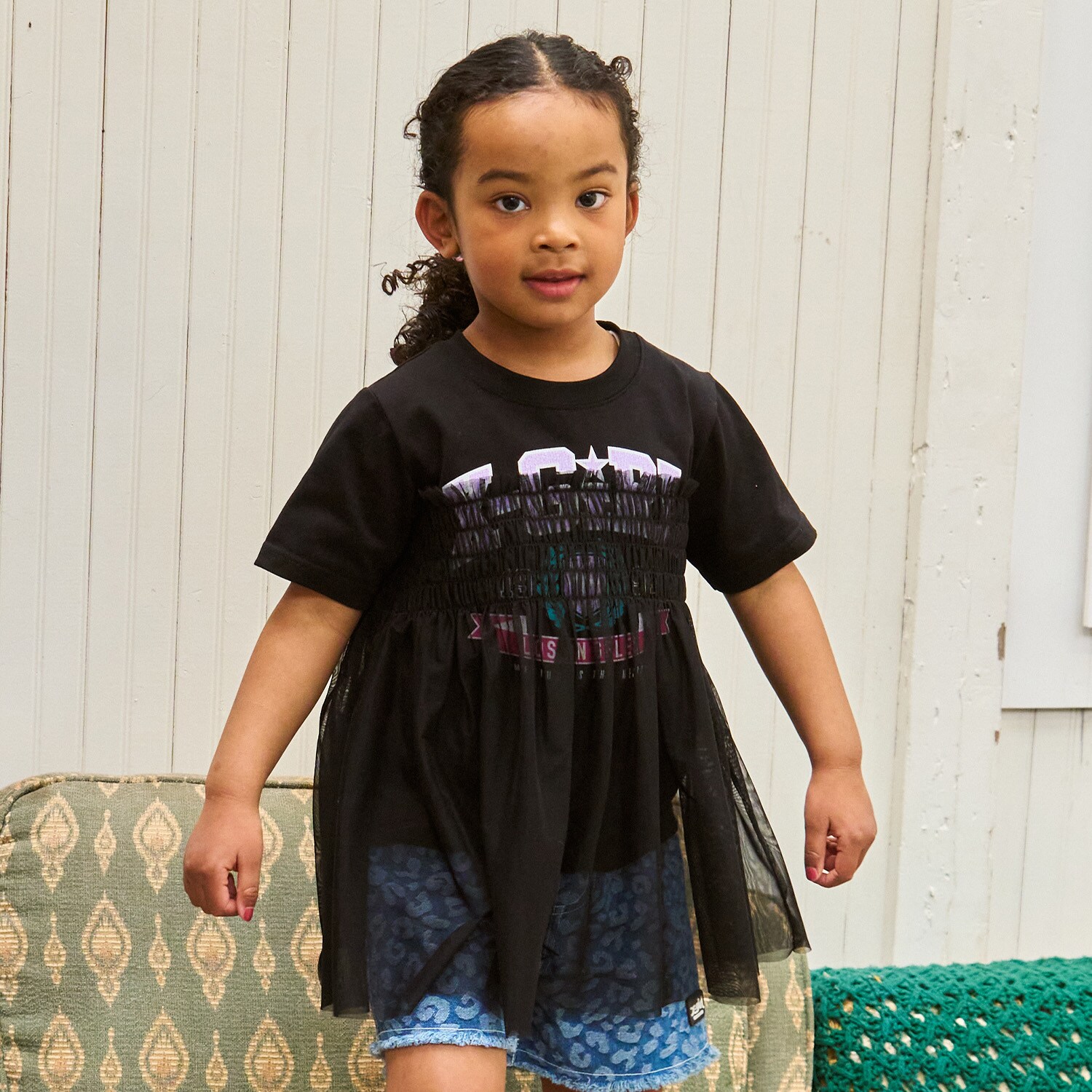 エンブレムロゴ チュールドッキング半袖Tシャツ