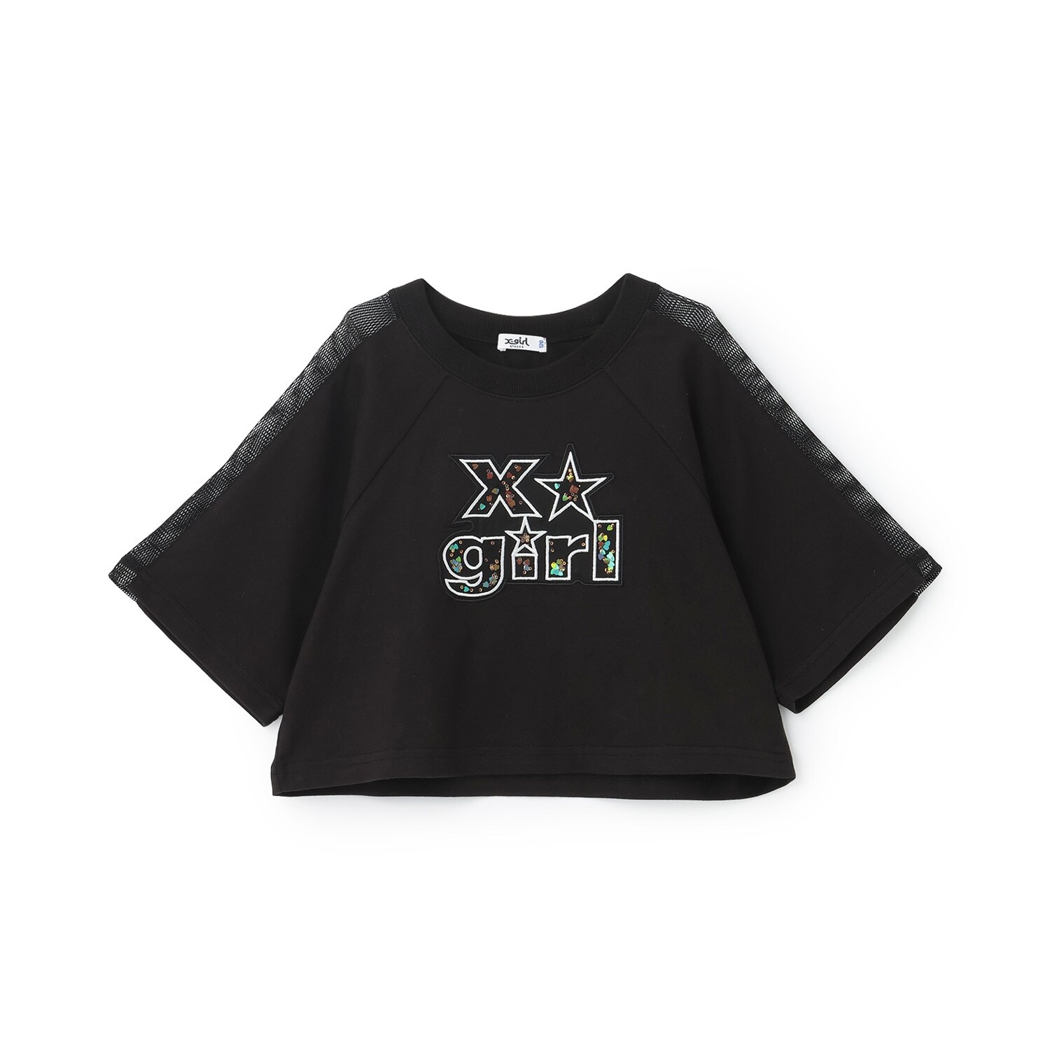肩メッシュスパンコールロゴ ショート半袖Tシャツ