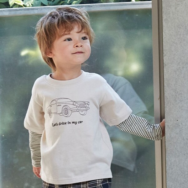 CARステッチ刺しゅうボーダー袖レイヤードT