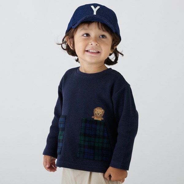 チェックポケット動物刺しゅう長袖T