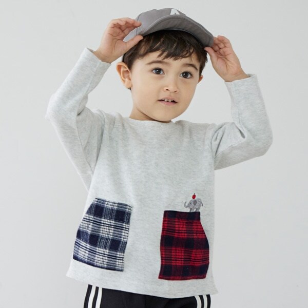 チェックポケット動物刺しゅう長袖T