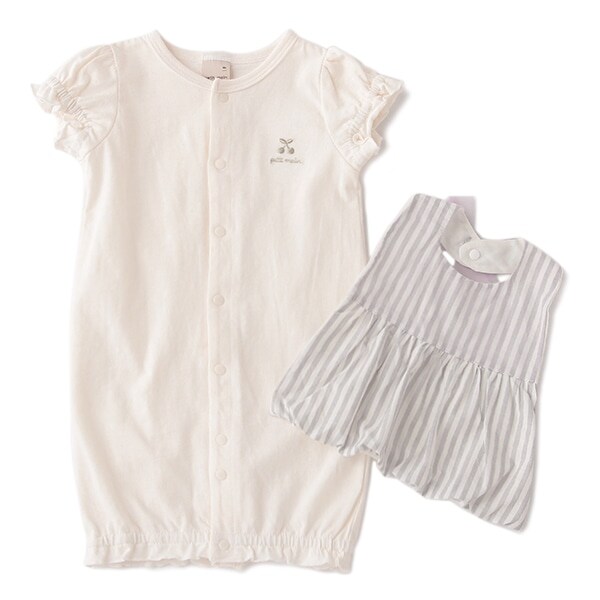 オーガニックコットン リボンつきストライプ柄スタイ×2WAYオールセット