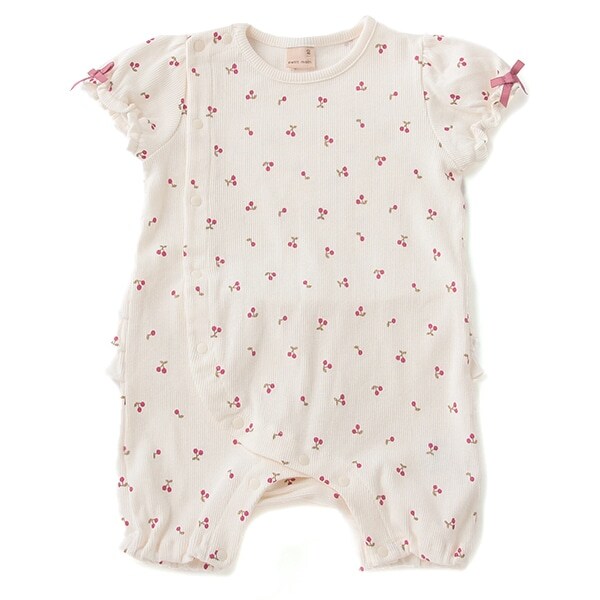 オーガニックコットン フルーツ総柄バックフリルテレコロンパース