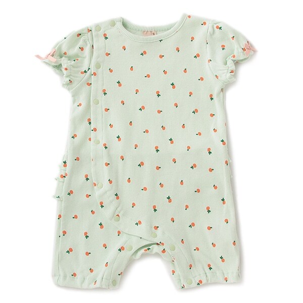 オーガニックコットン フルーツ総柄バックフリルテレコロンパース