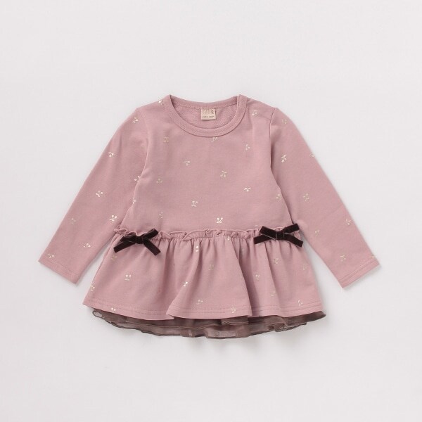 裏毛 箔プリントチェリー柄チュニックトレーナー