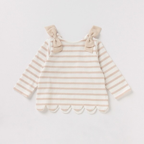 肩リボンラメボーダースカラップTシャツ
